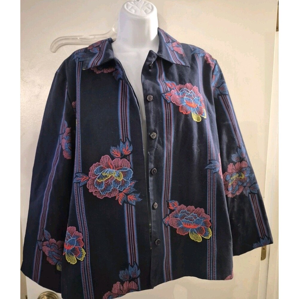HEARTS OF PALM Blue Embroidered lined Floral Jacket Womens size 16